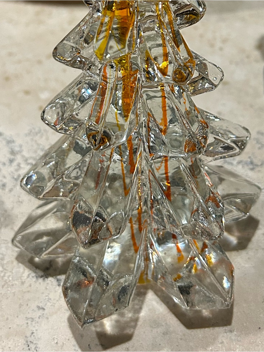 vintage clear art glass Christmas tree figurine with orange stripes - Picture 2 of 12